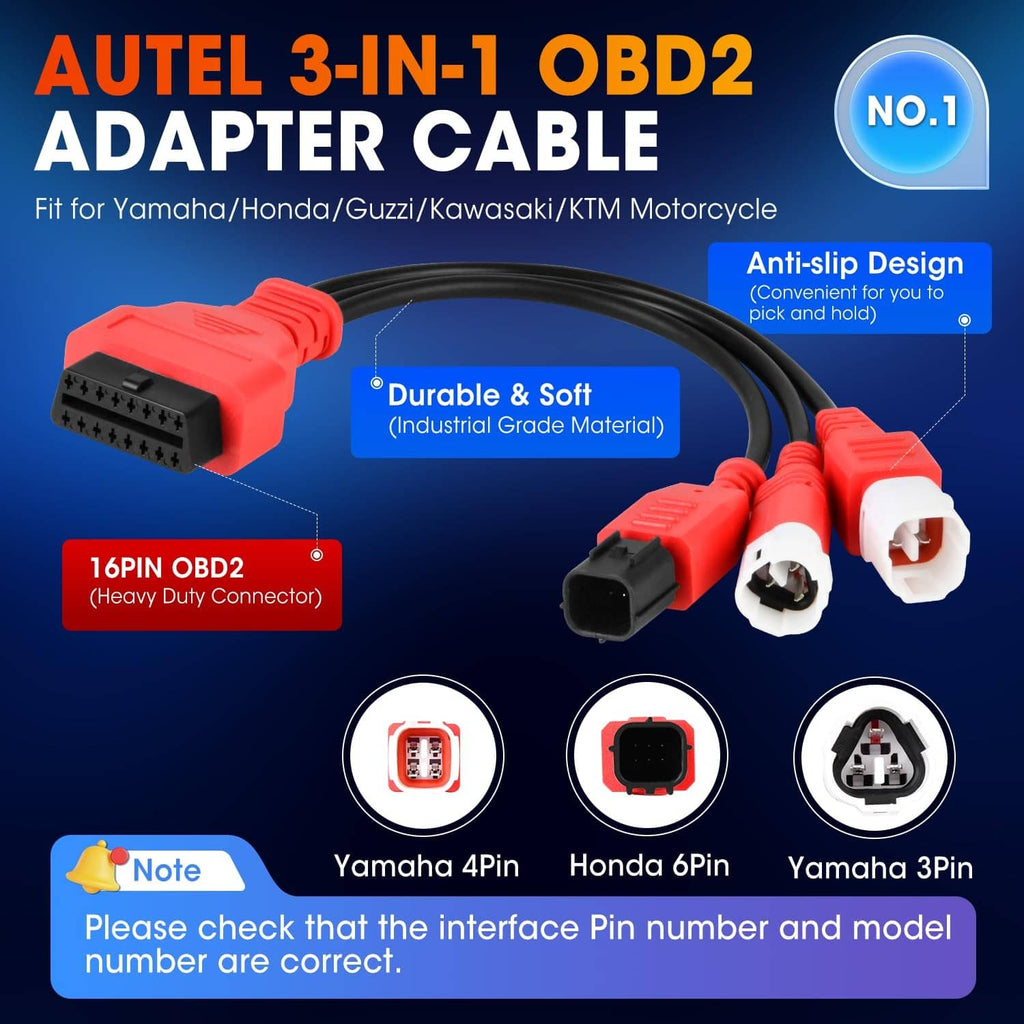 OBD2 adapter cable set with red 16-pin OBD2 plug and three connector ends