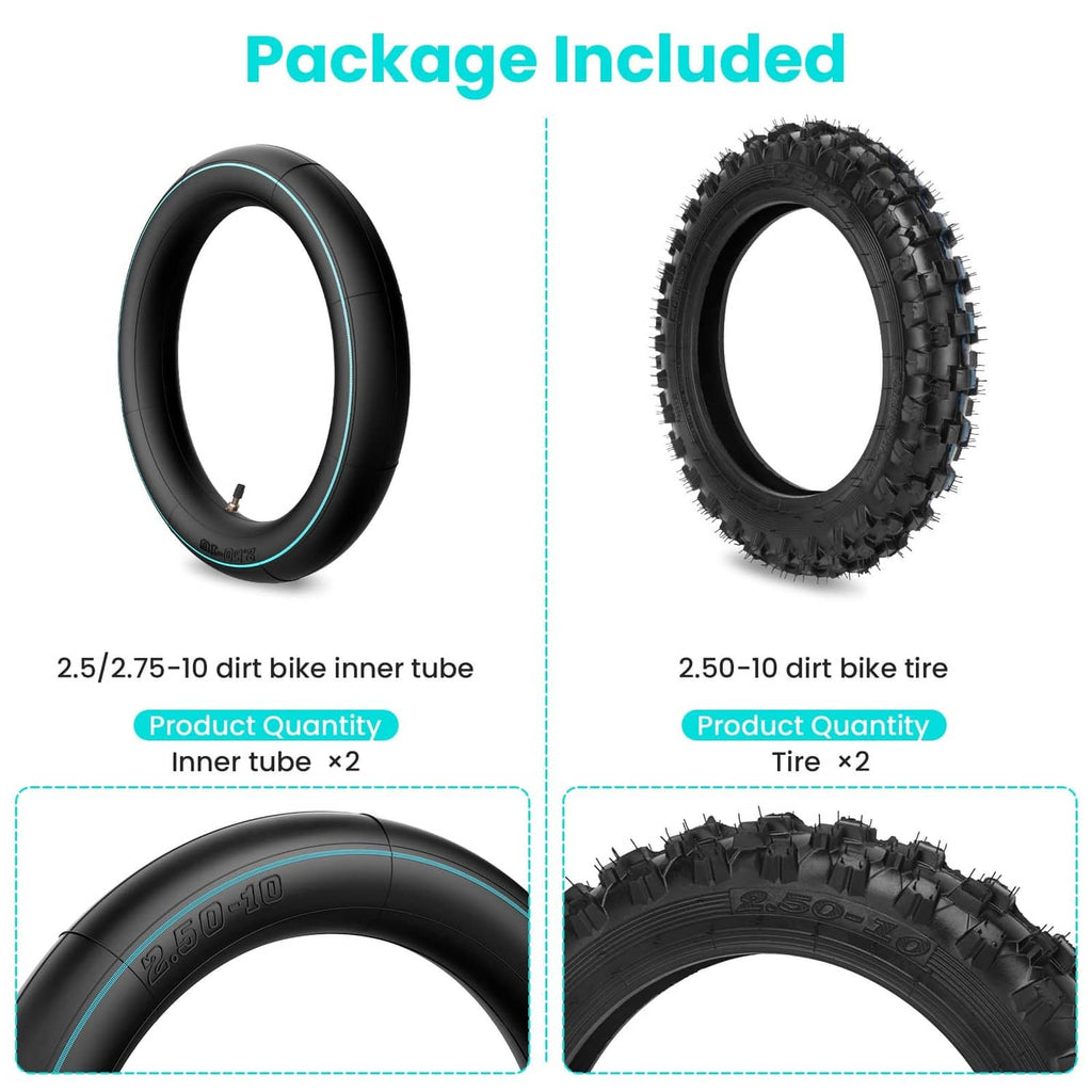 Off-road tire and inner tube set showing two black tires and two inner tubes