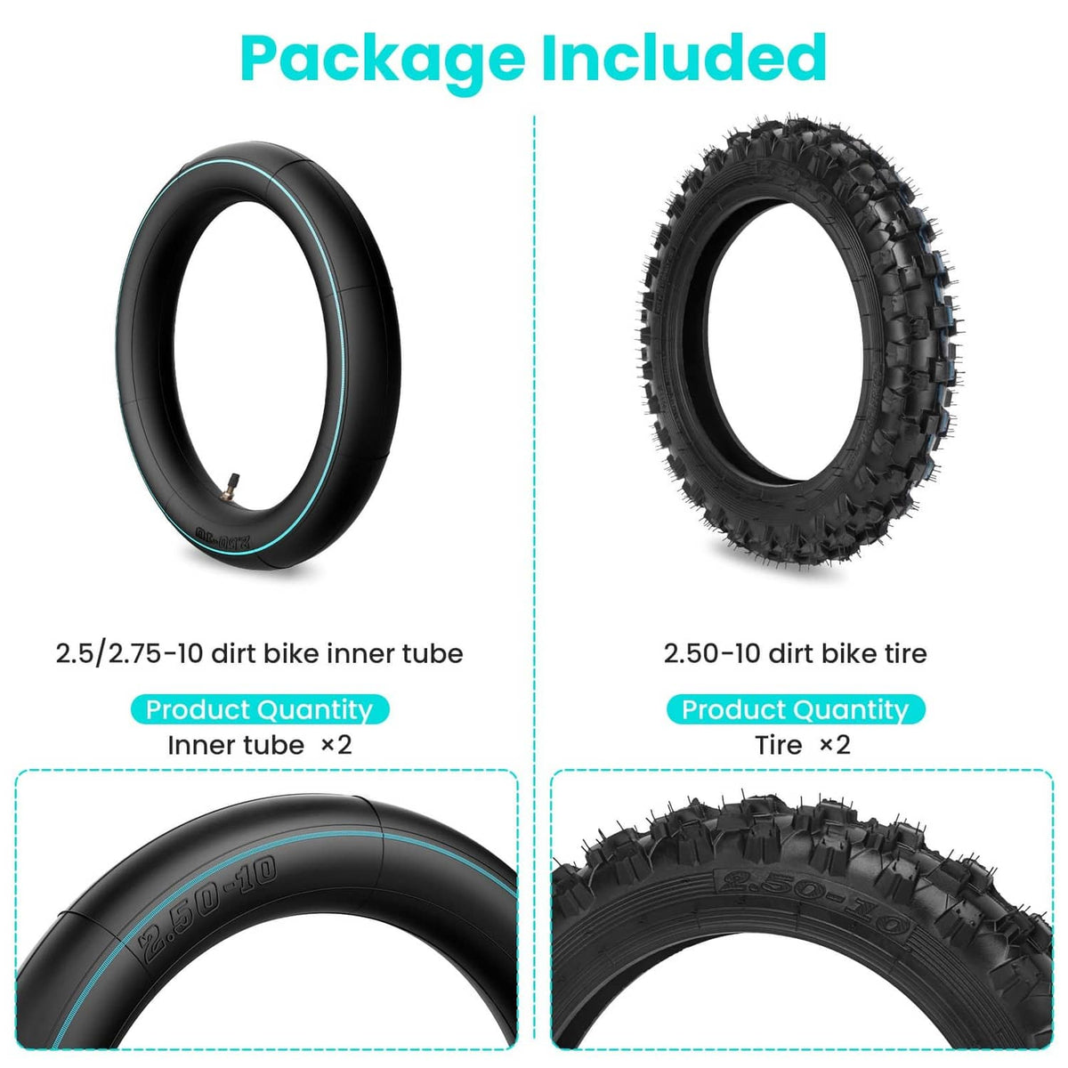 Off-road tire and inner tube set showing two black tires and two inner tubes