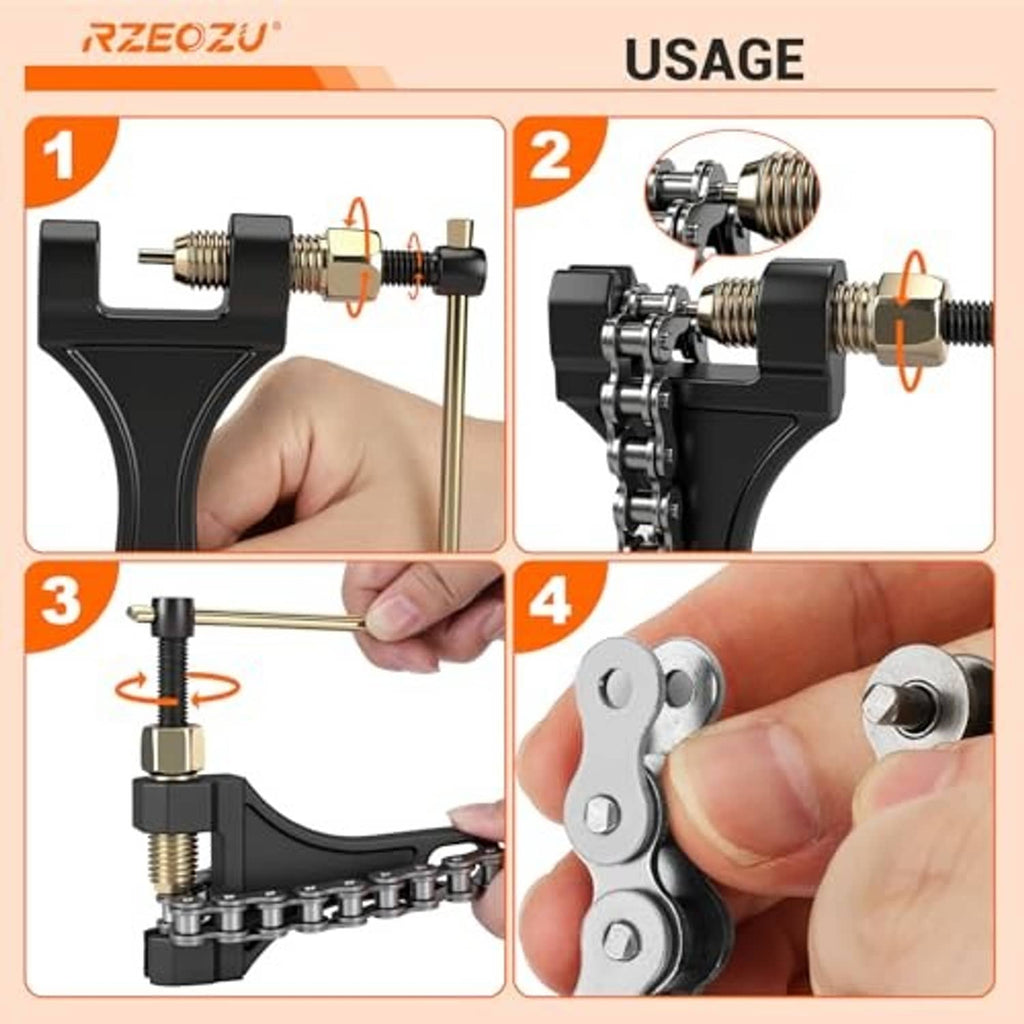 Chain breaker tool usage steps illustration showing alignment and pressing of chain pins