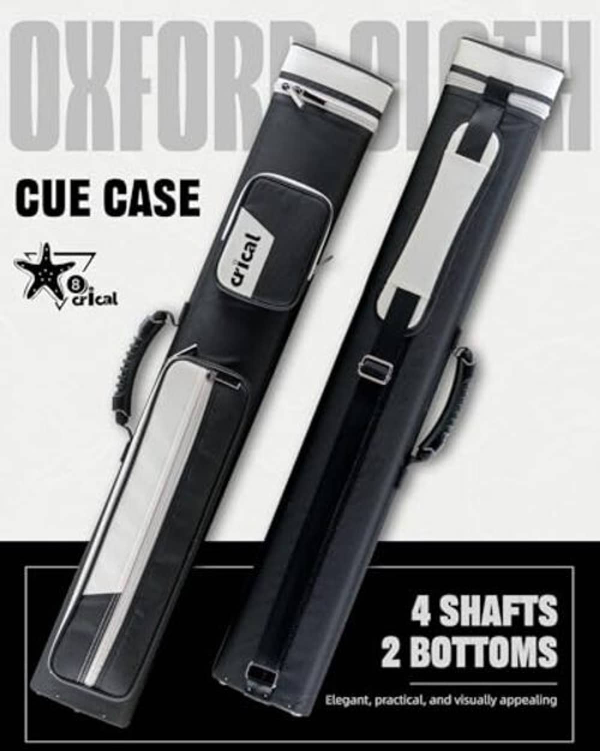 Pair of black pool cue cases with white trim, showing end seams and latch strap