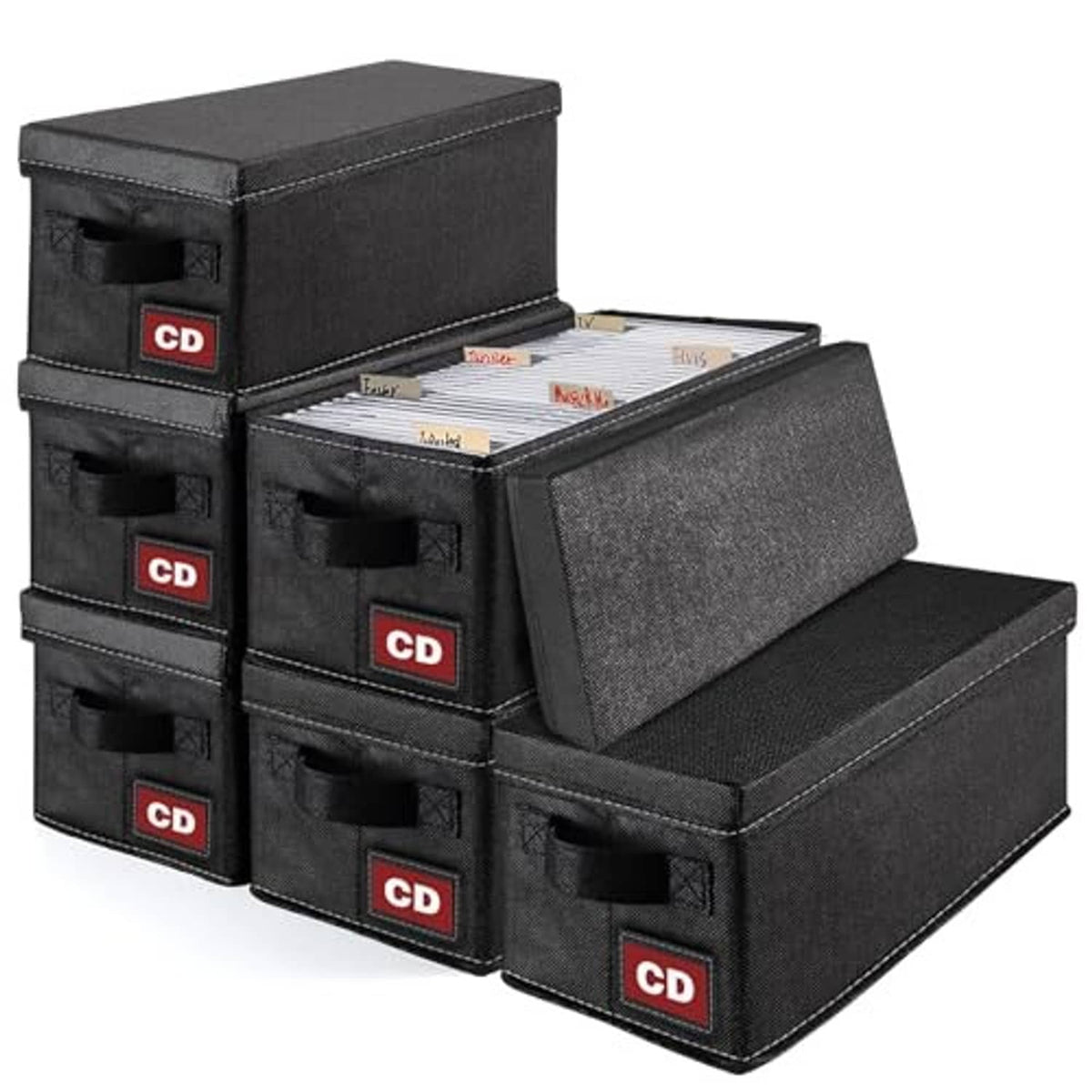 Stack of black fabric CD storage cases with hinged lid and front label windows