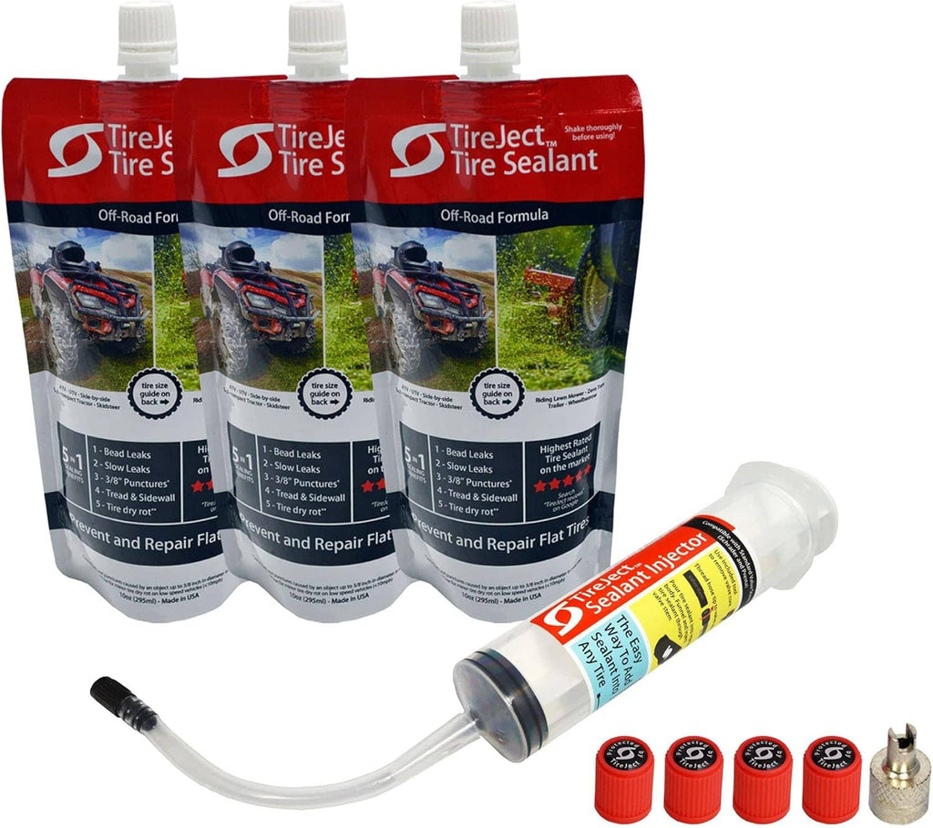Tire sealant repair kit with three pouches, injector tool, red caps, and brass fitting