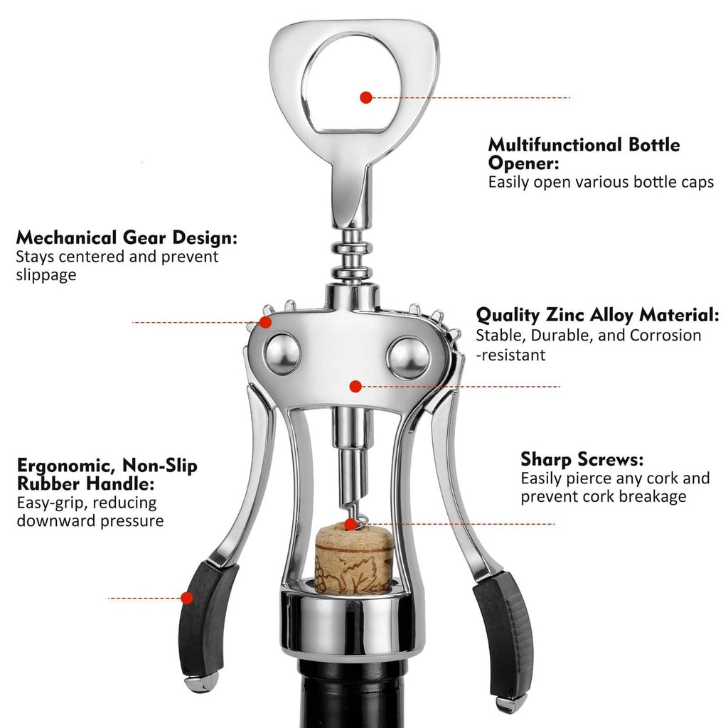 Silver wing corkscrew wine opener with black non-slip handles and cork halfway out