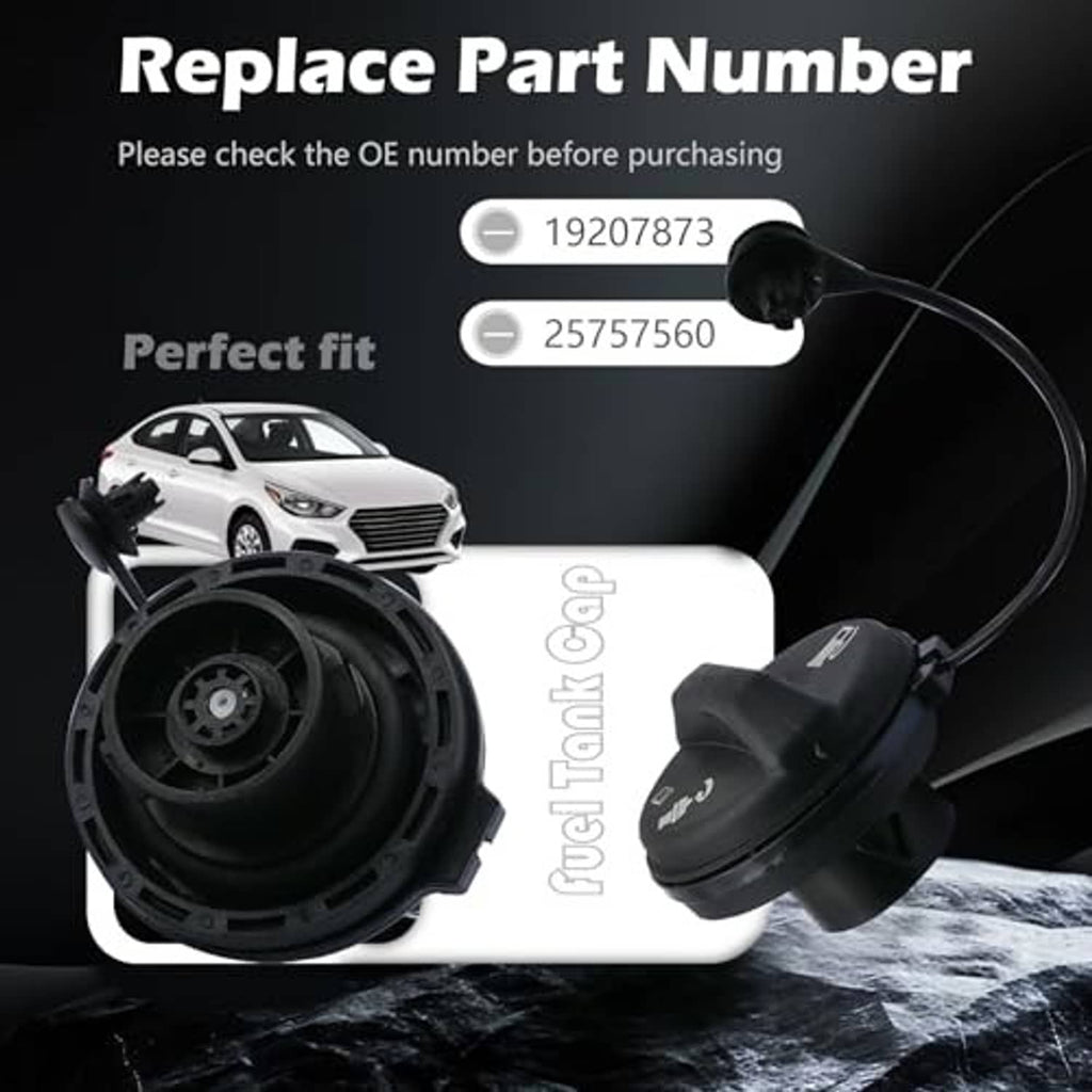 Fuel tank filler cap with hose and round black housing, shown near replacement setup