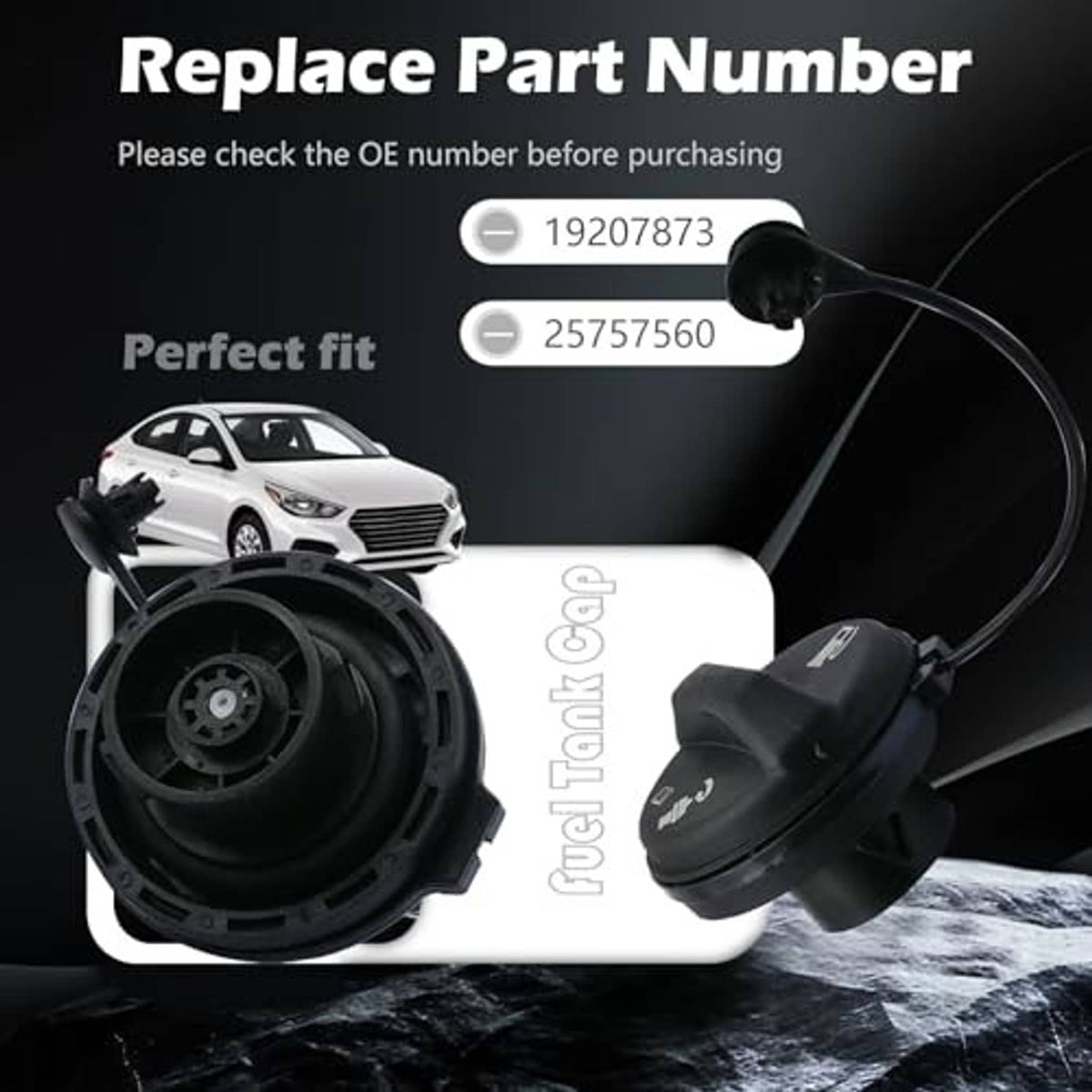 Fuel tank filler cap with hose and round black housing, shown near replacement setup