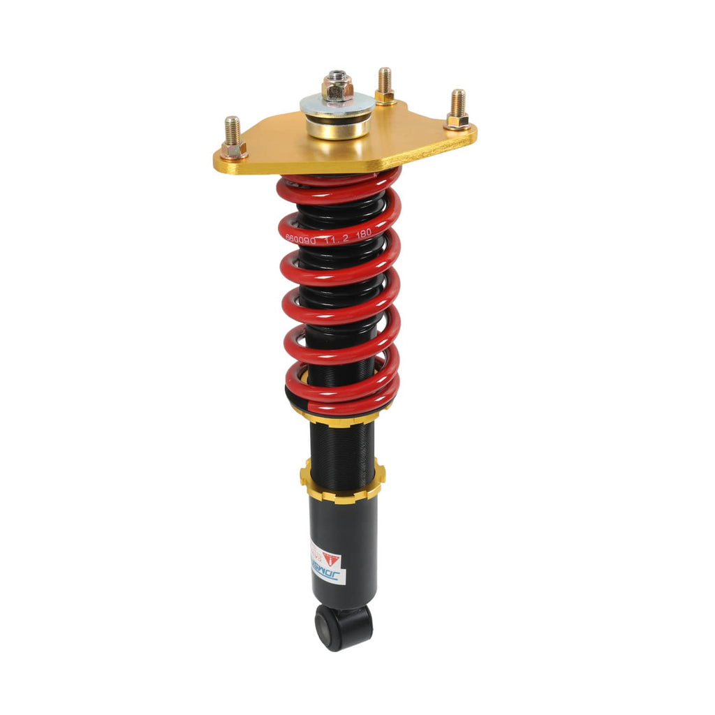 Coilover strut front view with red spring, gold top hat, and black shock absorber