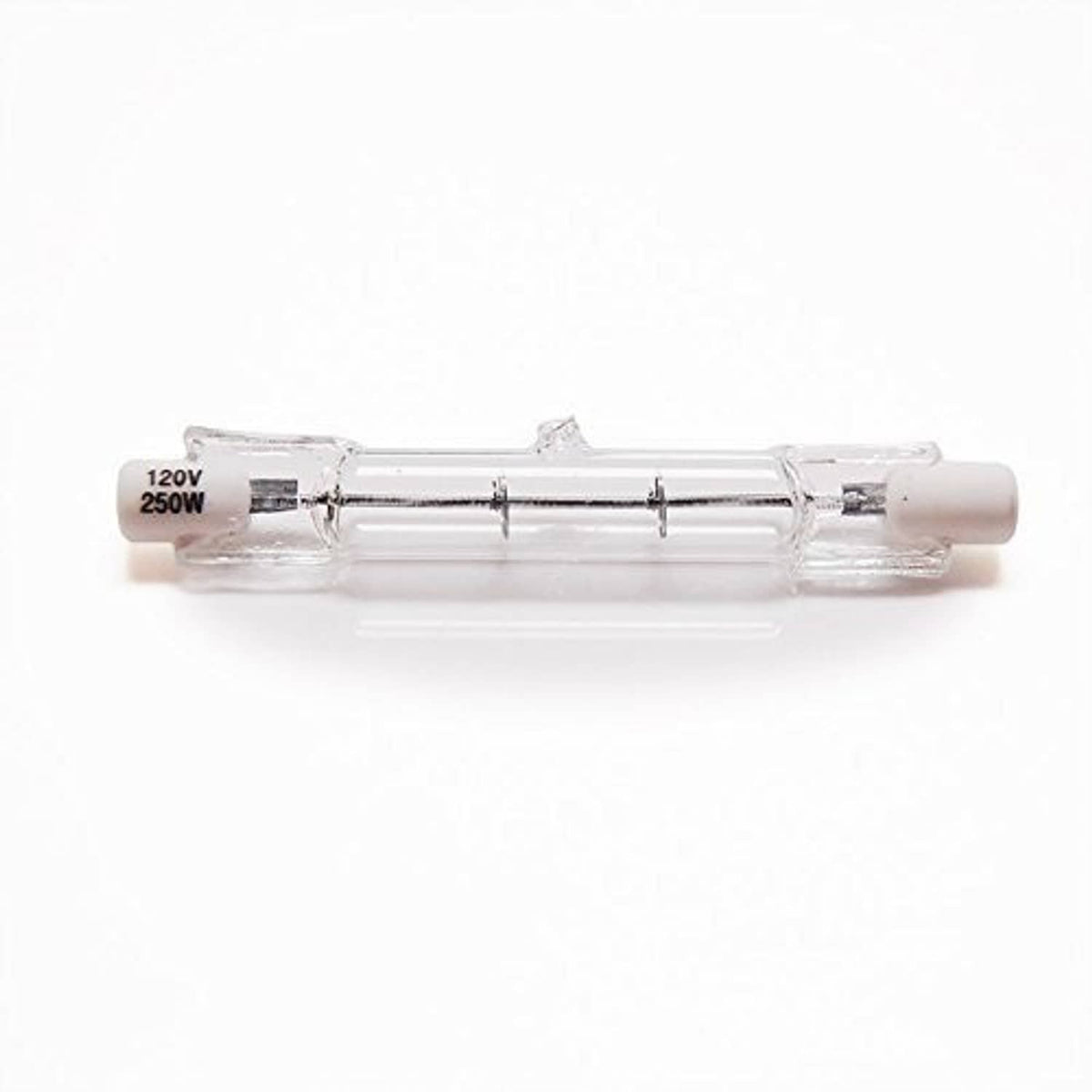 T3 halogen bulb with clear glass tube, white end caps, and two-pin base
