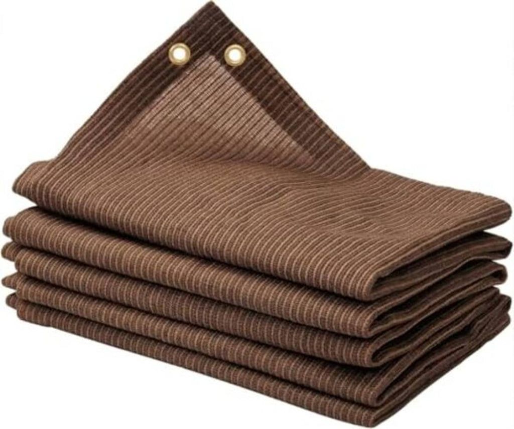 Mocha brown woven shade cloth panels stacked, with grommeted corner tabs