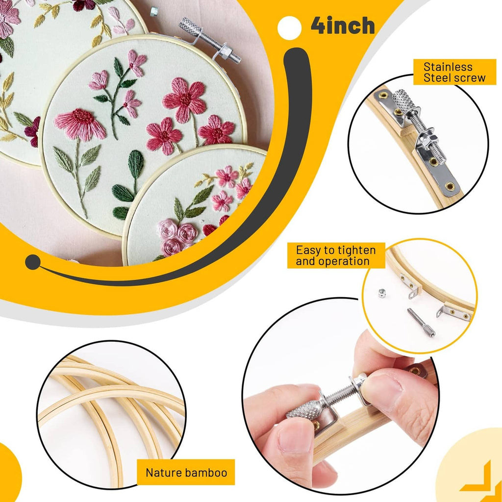 Small embroidery hoop with floral stitched fabric insert and metal screw clamp, 4 inch
