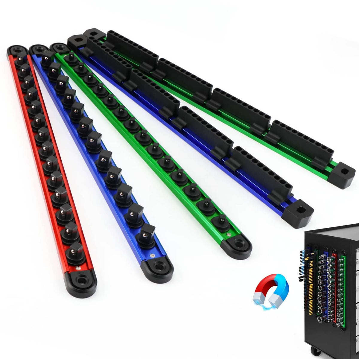 Multi-color magnetic socket and bit organizer rails with socket clip row set