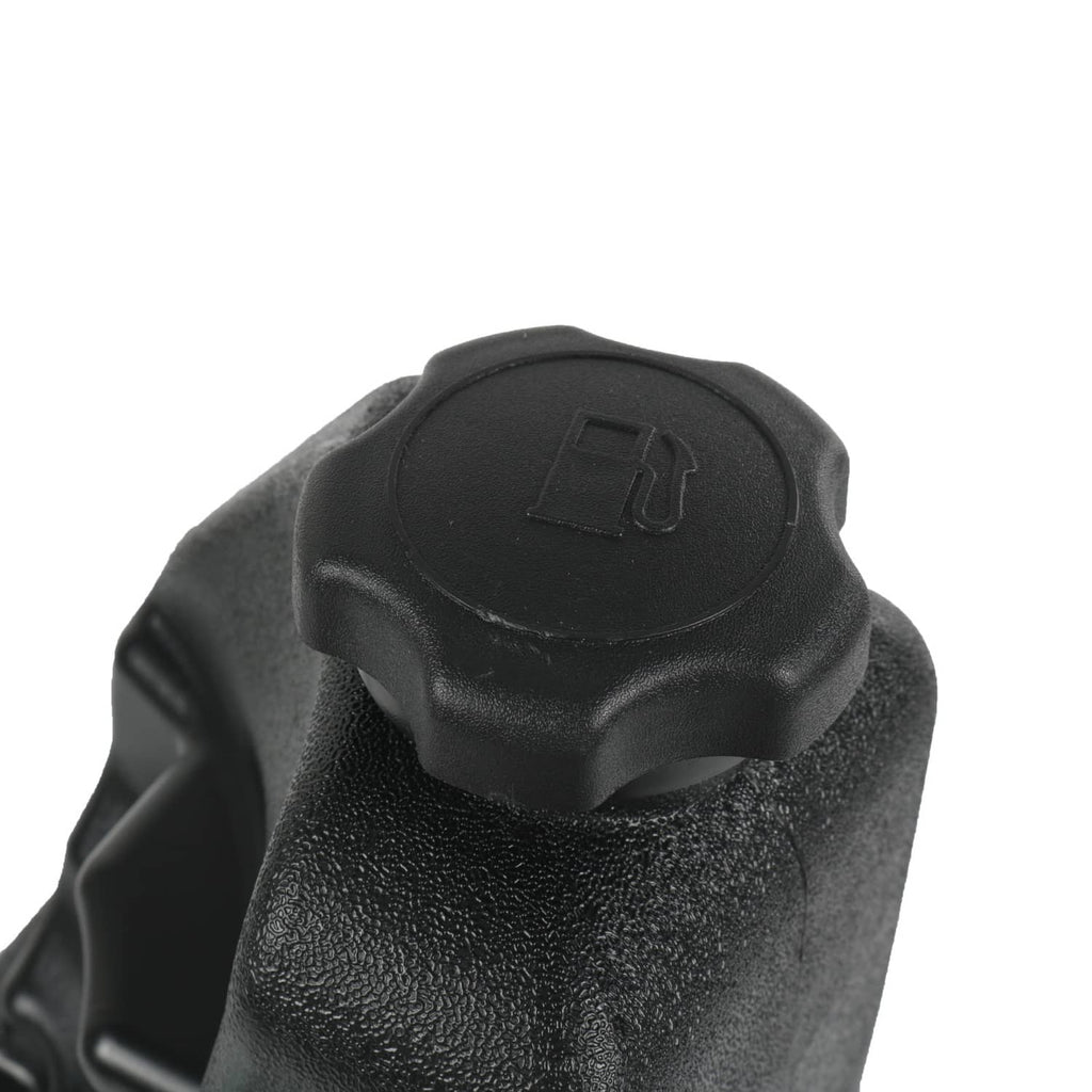 Black fuel tank cap with embossed emblem on textured plastic surface