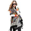 Multi-color Moroccan print merino wool pashmina with black and white border fringe