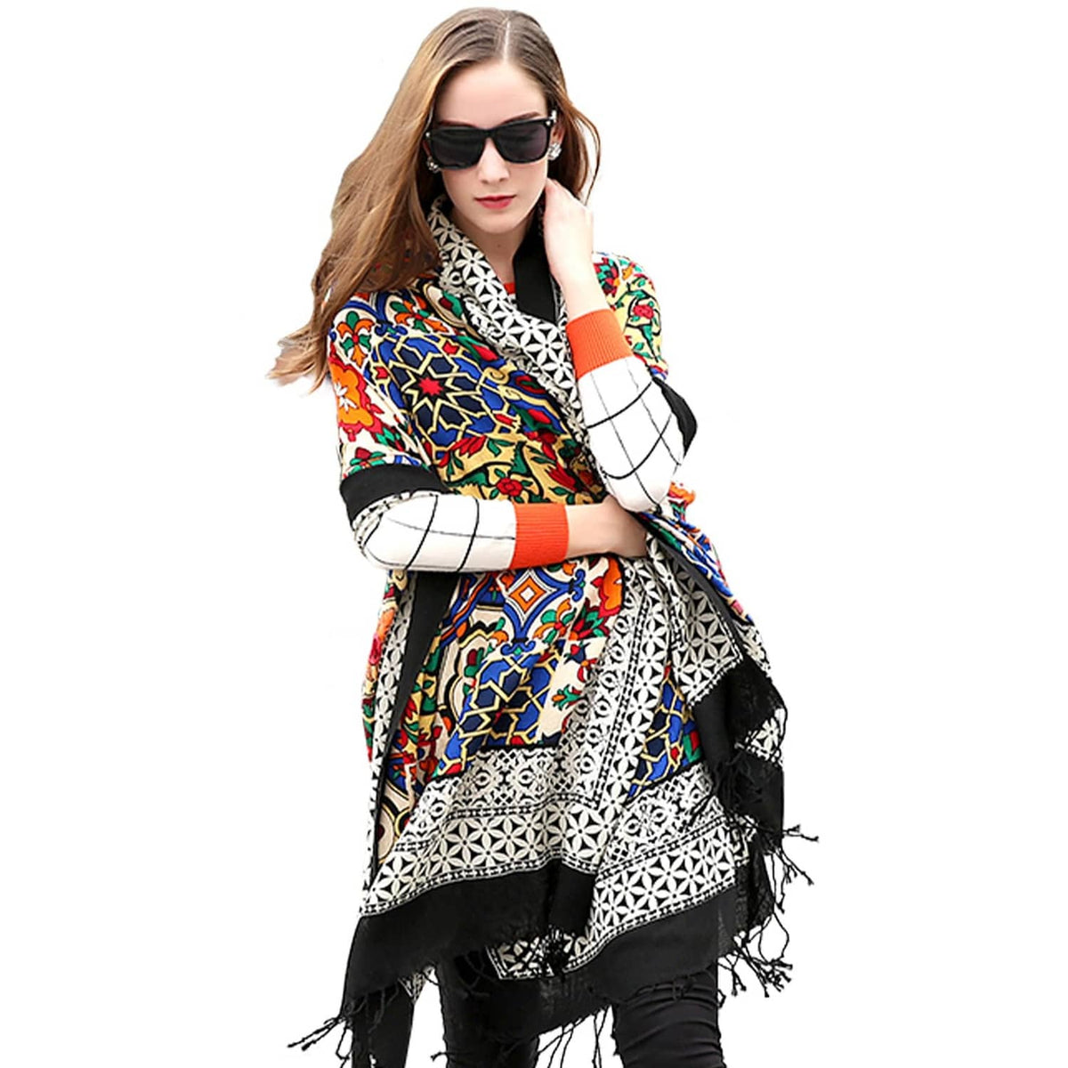 Multi-color Moroccan print merino wool pashmina with black and white border fringe