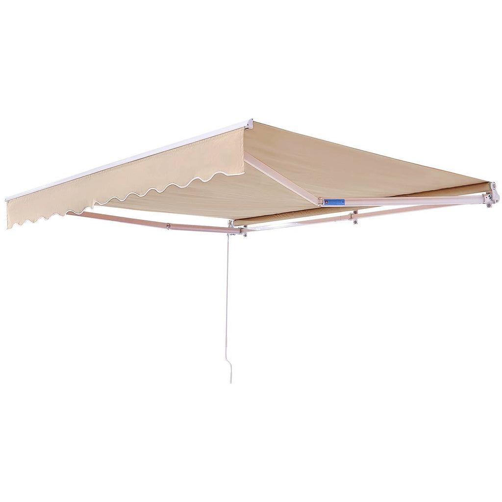 Retractable beige patio awning with scalloped valance and metal support arms, crank handle