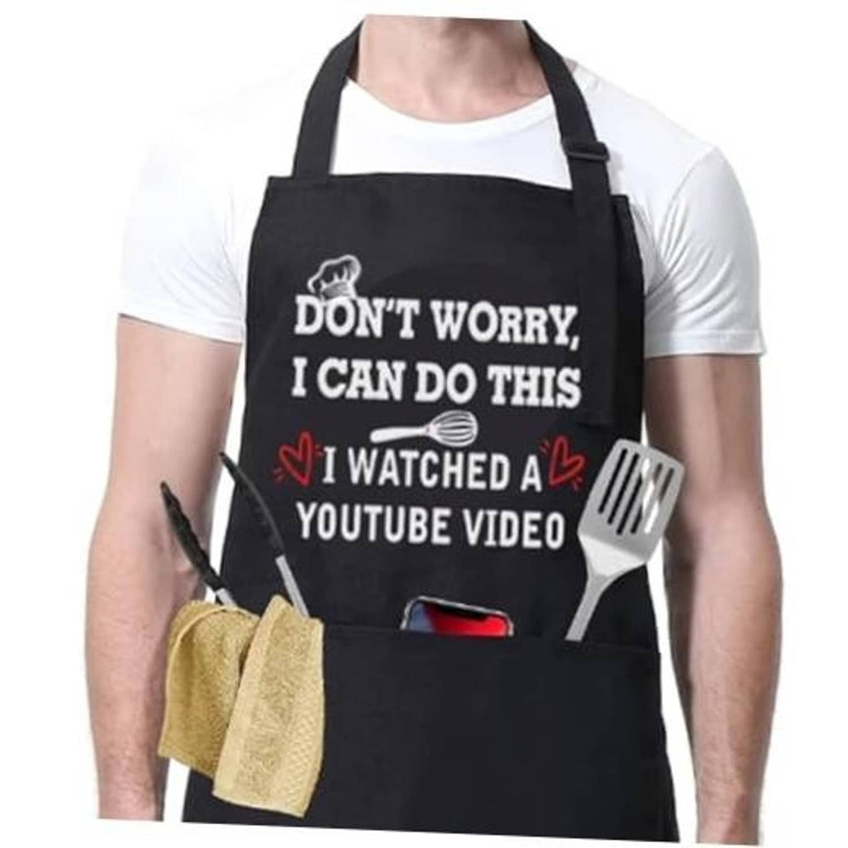 Black apron with front slogan "Don’t Worry, I Can Do This" and fork/heart graphic.