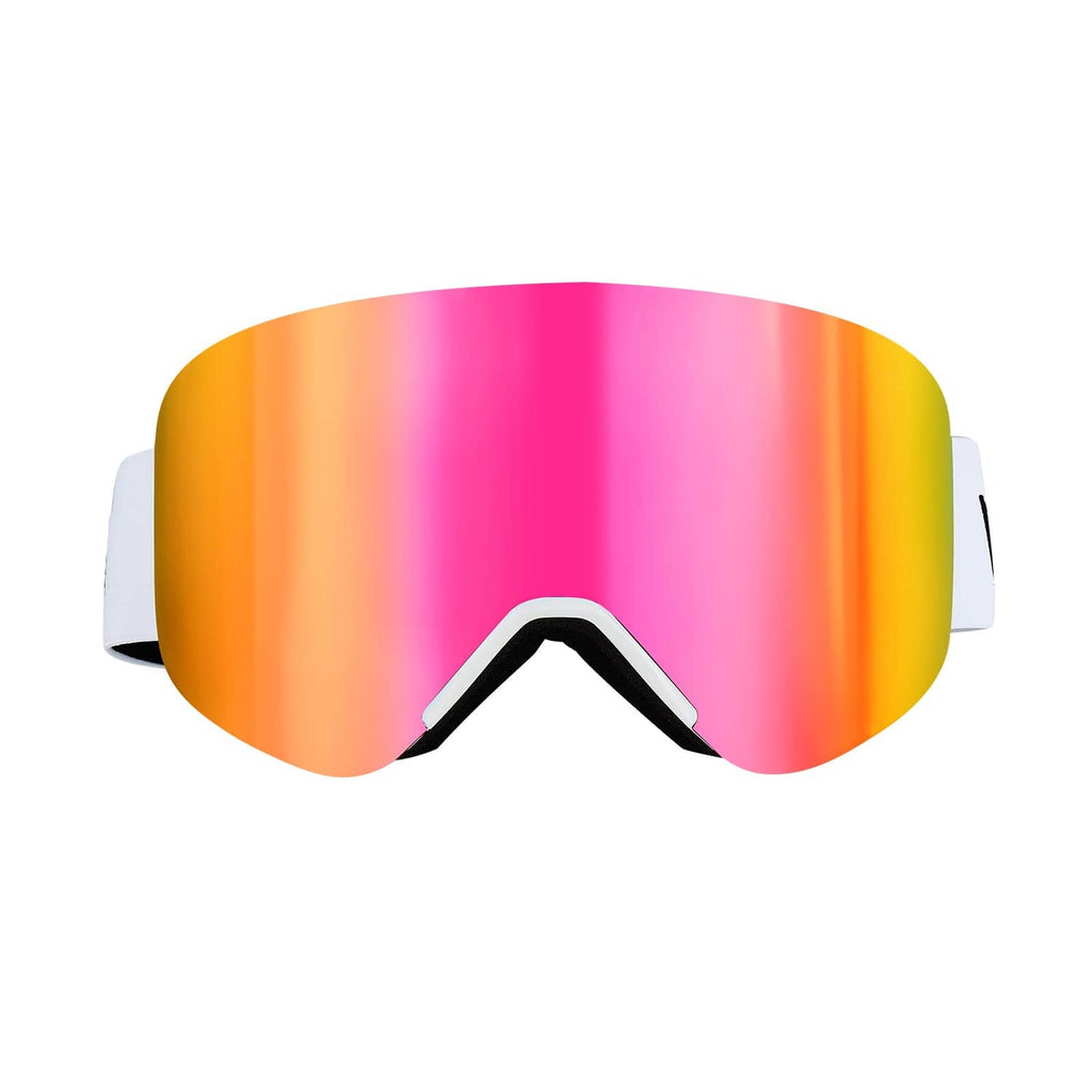 Ski goggles with orange-pink reflective cylindrical lens and black face gasket