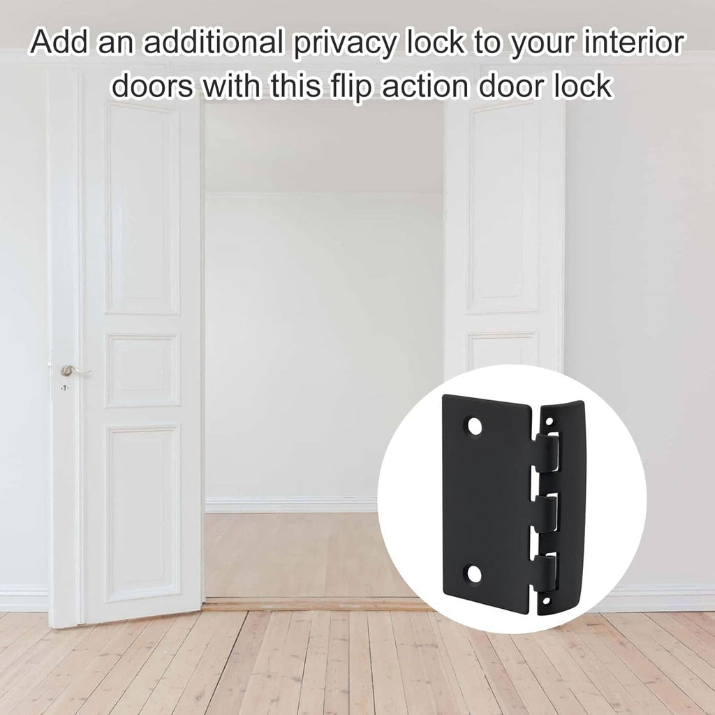 Black flip action door lock installed on interior door frame