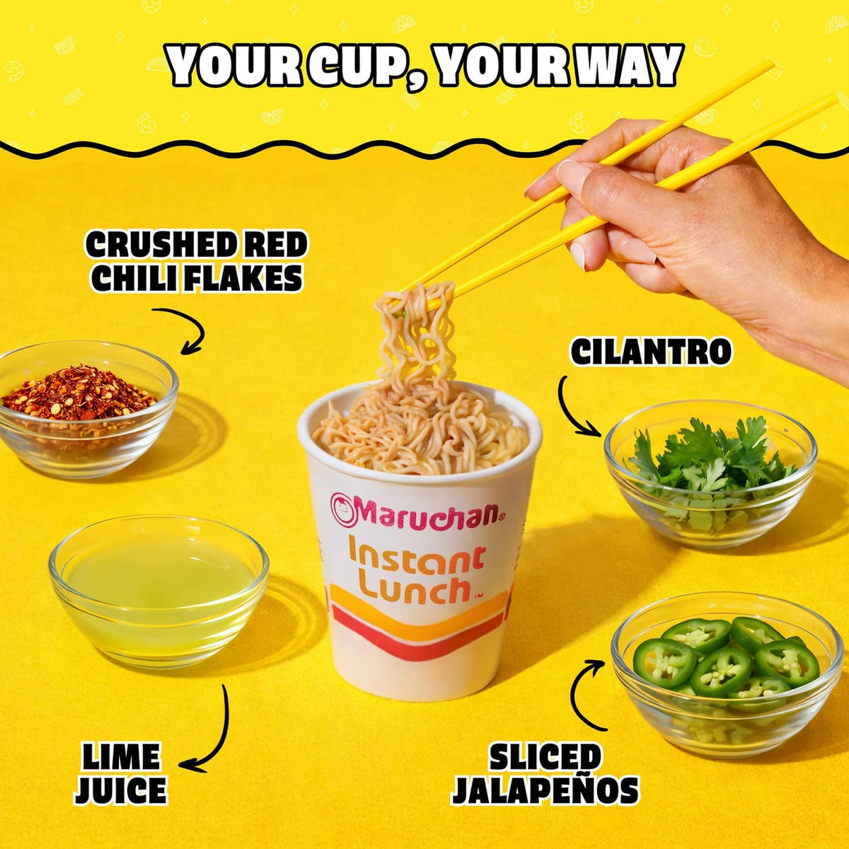 Maruchan Instant Lunch ramen cup with crushed red chili flakes and sliced jalapenos