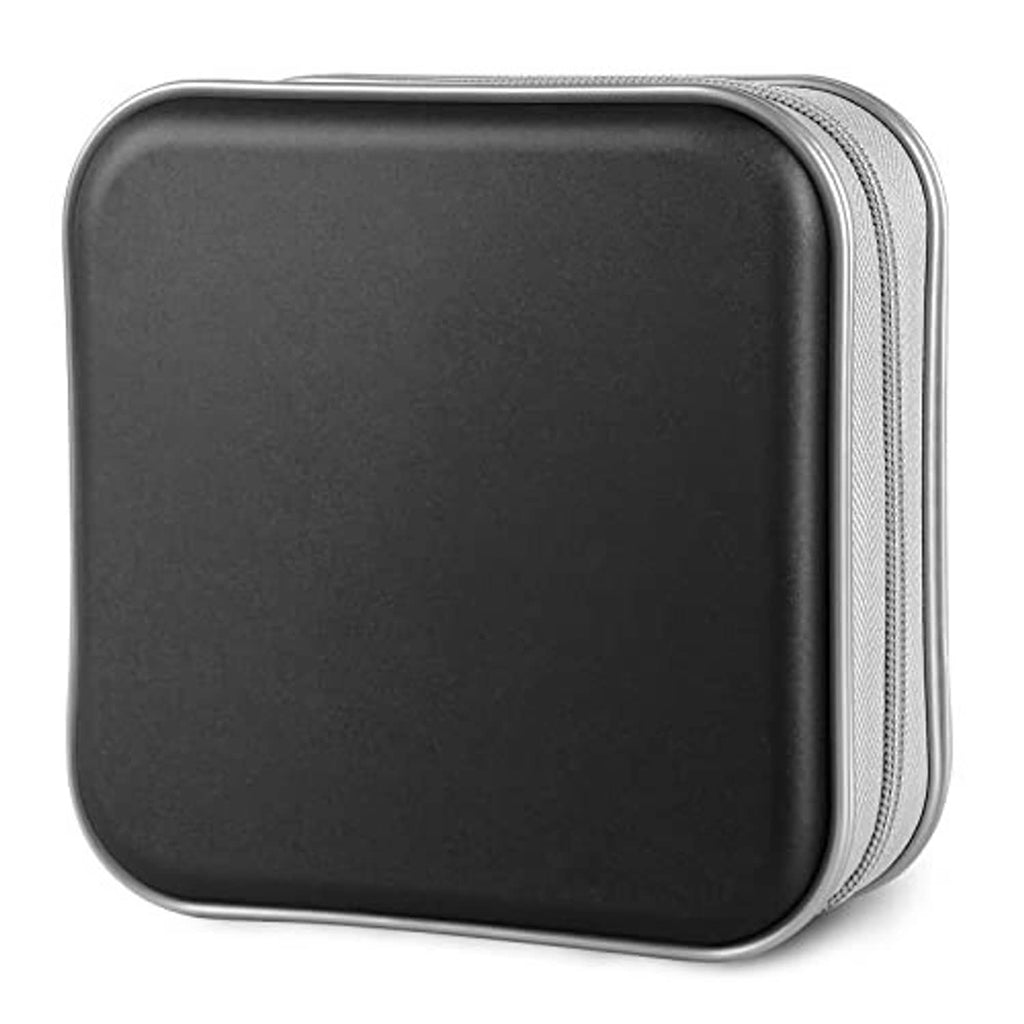 Black hard-shell CD/DVD wallet case with zipper and textured gray edge trim