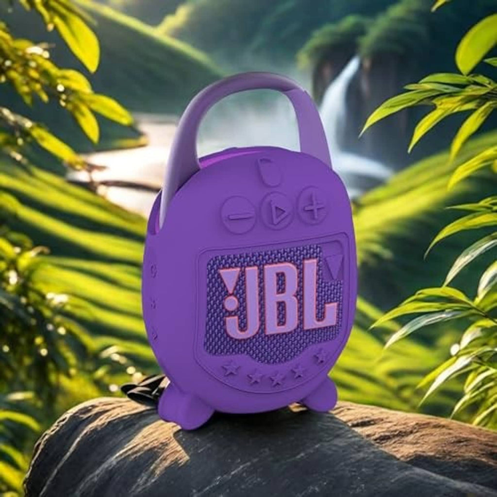 Purple silicone speaker case with carry handle and front JBL logo window