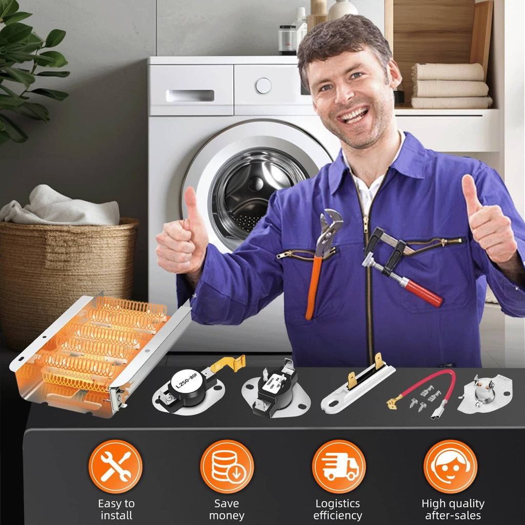 Dryer heating element assembly and thermostat parts kit with coils, wires, and terminals