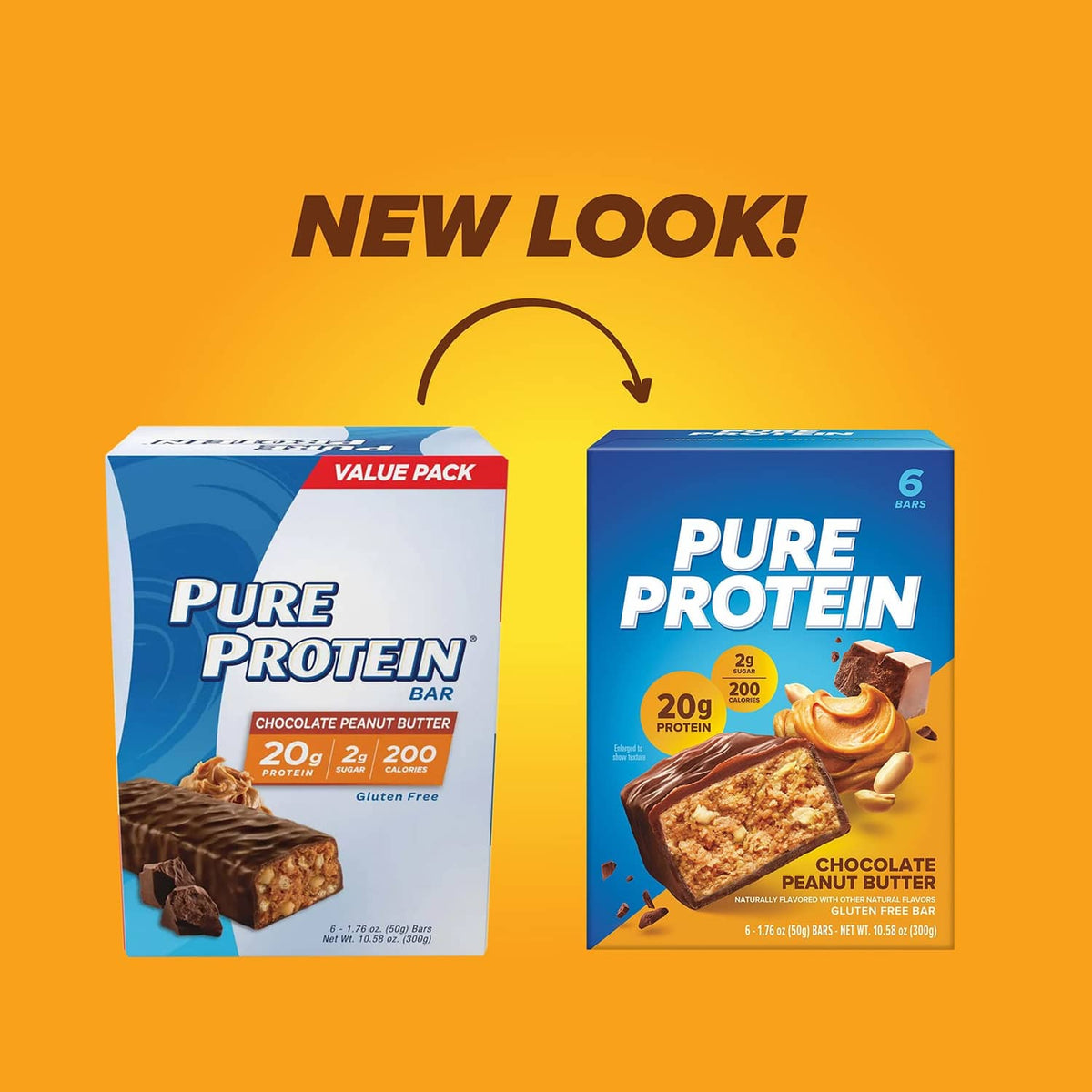 Pure Protein variety pack protein bars with two value pack boxes showing chocolate peanut butter
