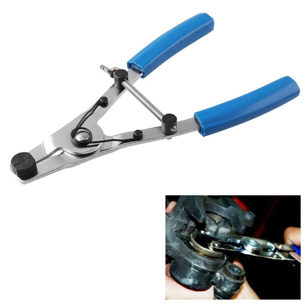 Motorcycle brake caliper piston removal pliers with blue handles and metal tool frame