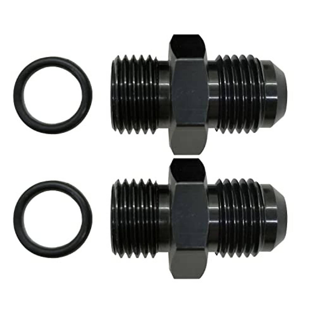 Fuel rail fitting adapter with two black O-rings and hex coupler ends, 10AN size