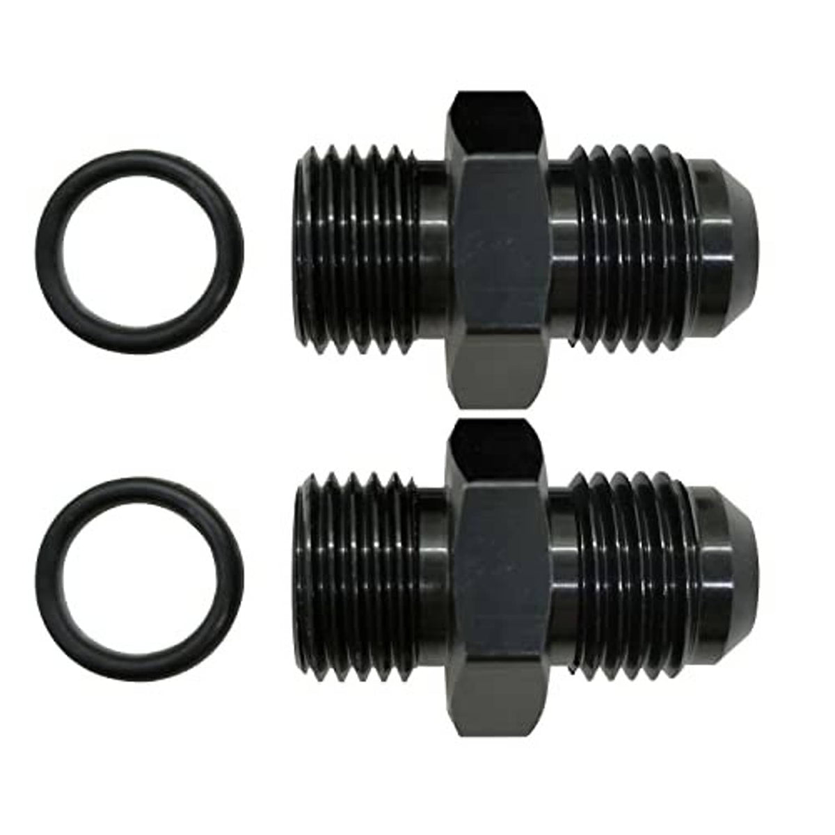 Fuel rail fitting adapter with two black O-rings and hex coupler ends, 10AN size