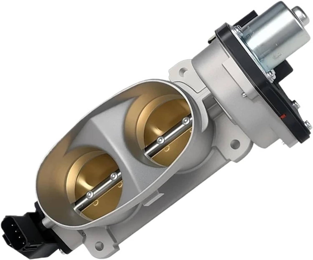Throttle body with dual golden bores, silver housing, and black electrical connector.