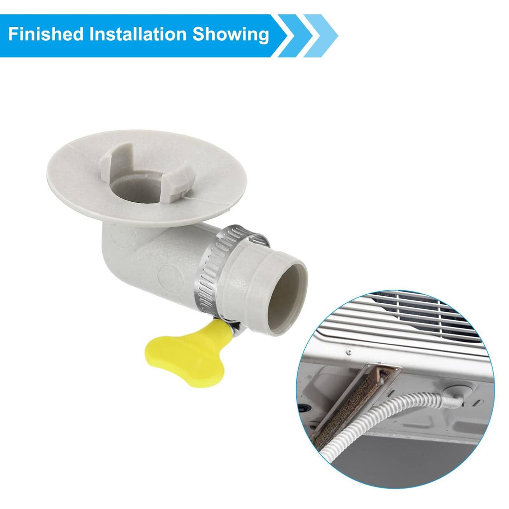 Installed 15mm AC drain hose connector with clamp and yellow handle, white plastic