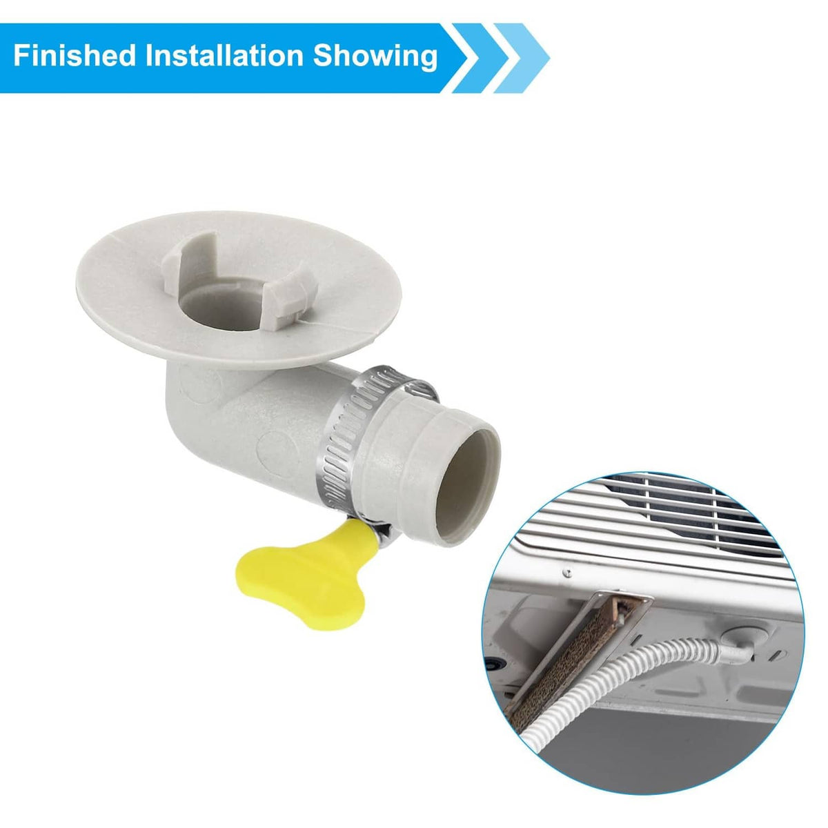 Installed 15mm AC drain hose connector with clamp and yellow handle, white plastic
