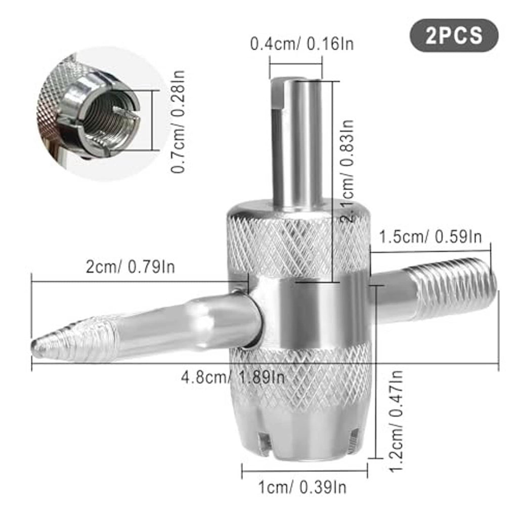 Silver 4-in-1 valve core removal tool pair with threaded adapter and needles