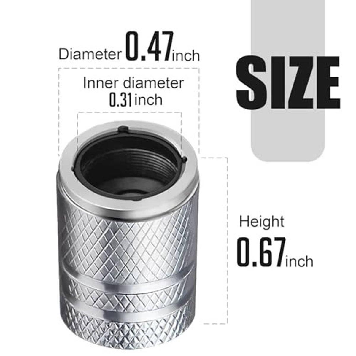 Silver tire valve stem cap with black rubber liner, diamond-textured metal exterior