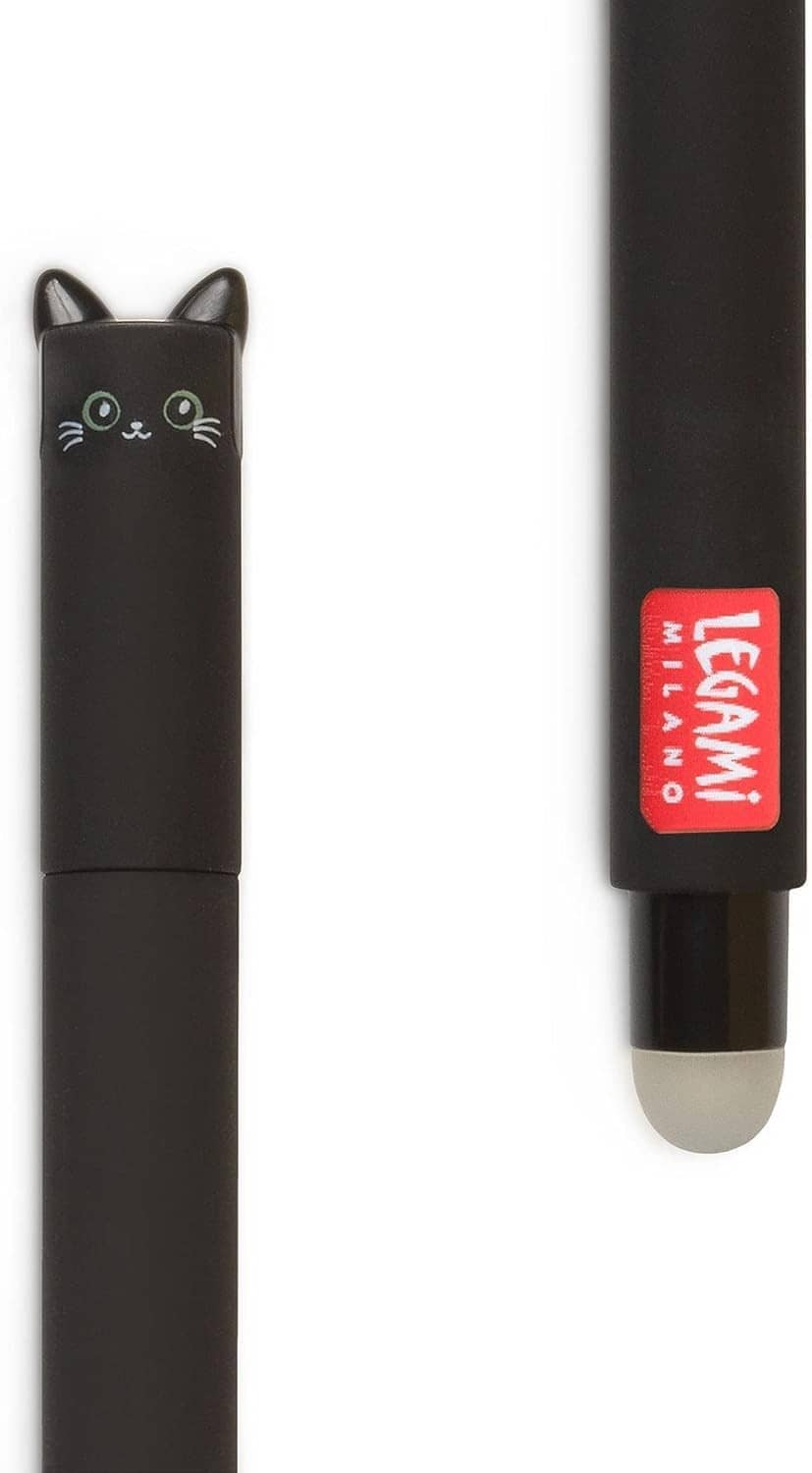 Black cat-themed erasable gel pen with red “ERASABLE INK” label