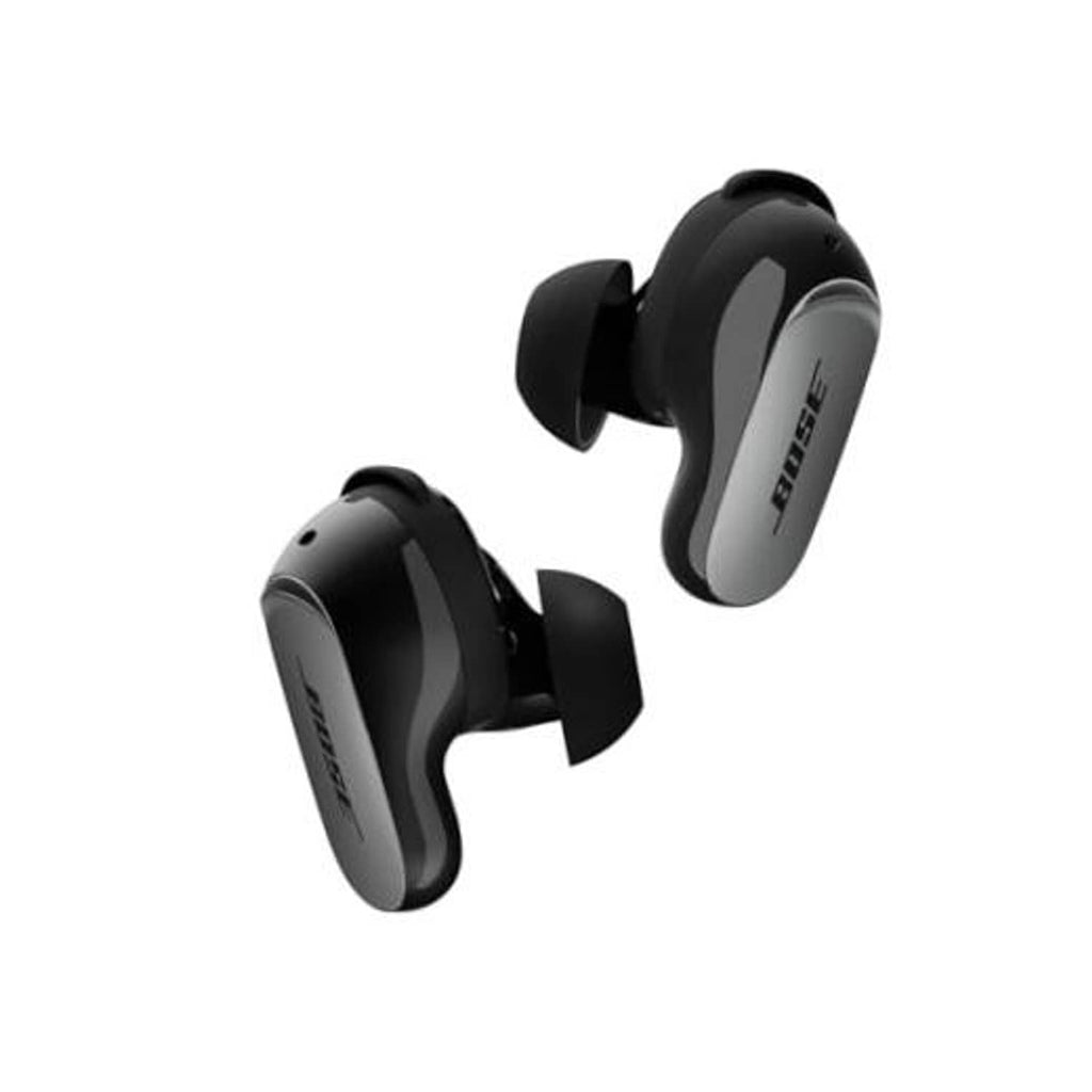 Black wireless noise-cancelling earbuds with wing tips, angled open view