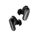 Black wireless noise-cancelling earbuds with wing tips, angled open view