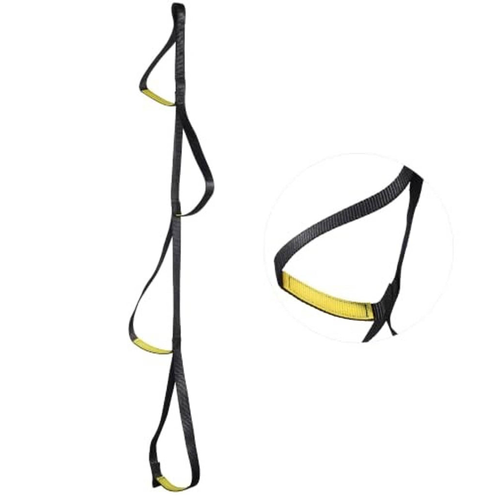 Black climbing aider strap with yellow foot loop, adjustable length and loop handle