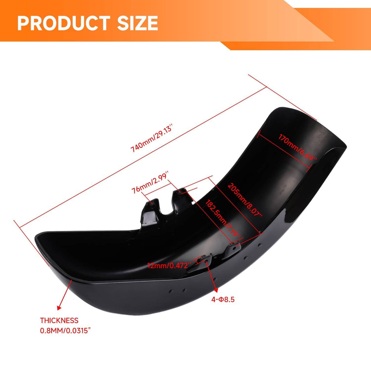 Black front fender profile with predrilled holes and mounting points