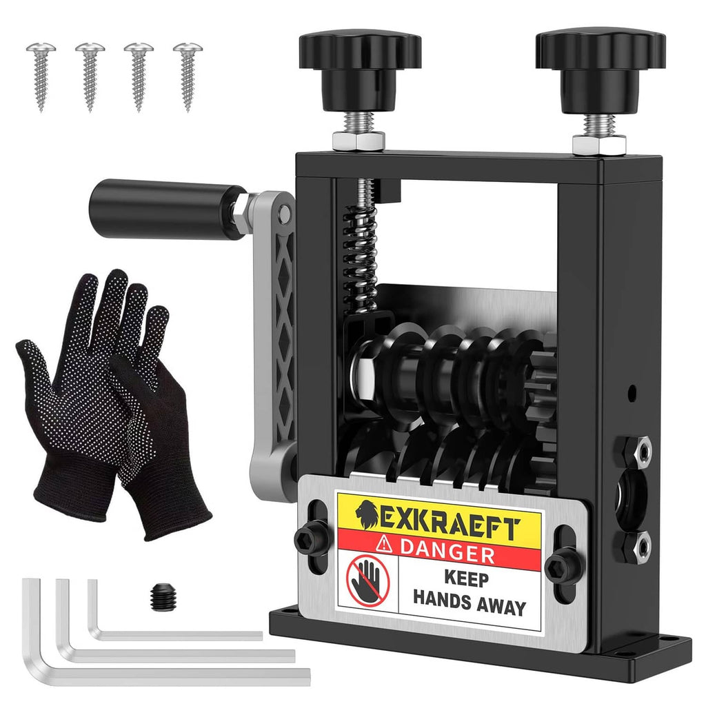 Black manual and drill-powered wire stripper machine with adjustable gauge settings