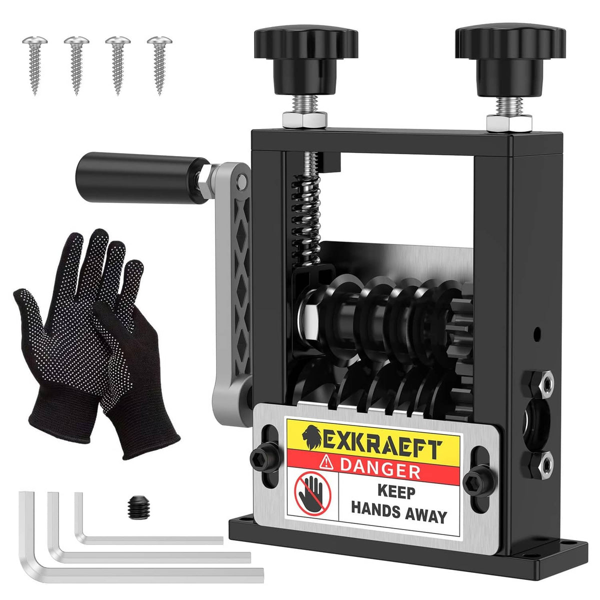 Black manual and drill-powered wire stripper machine with adjustable gauge settings