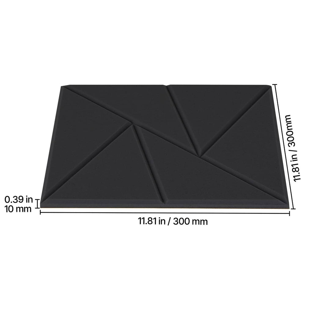 Black acoustic wall panel, 11.81 in square, 0.39 in thick, beveled edges