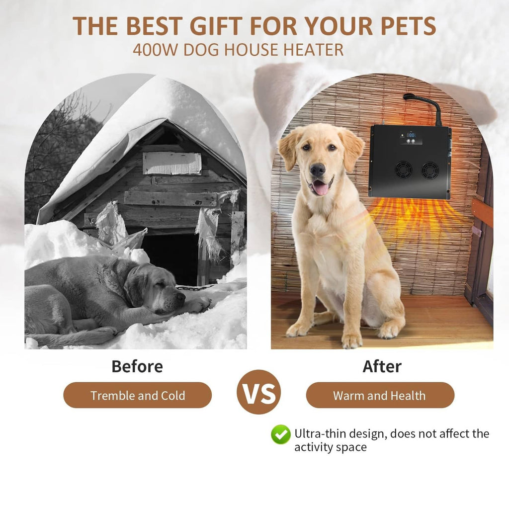 Dog house heater with black unit beside a golden retriever in a wooden shelter