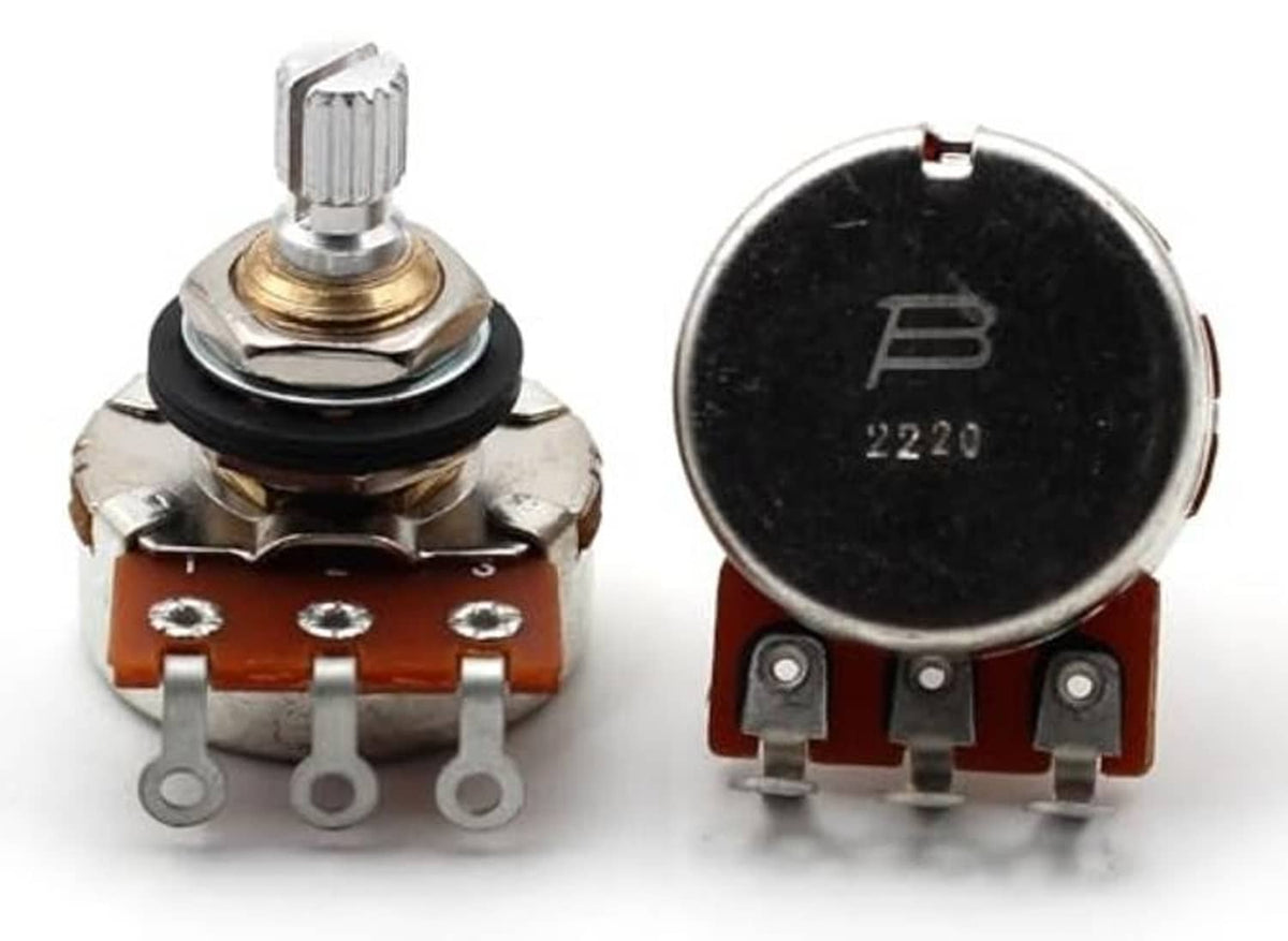 Potentiometer front and back: metal body with shaft and orange terminal board