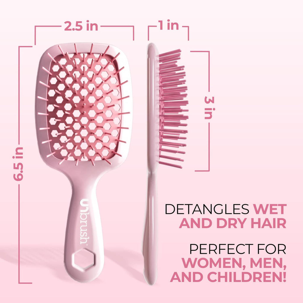 Mini light pink detangler brush with square cushion and pink bristles