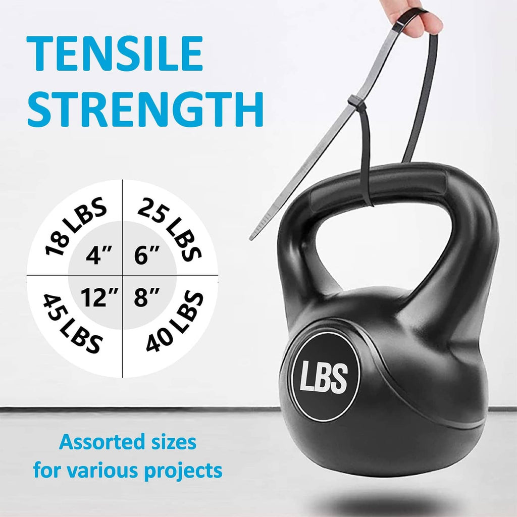 Black zip tie tensile strength wheel showing 18, 25, 40, 45 lbs