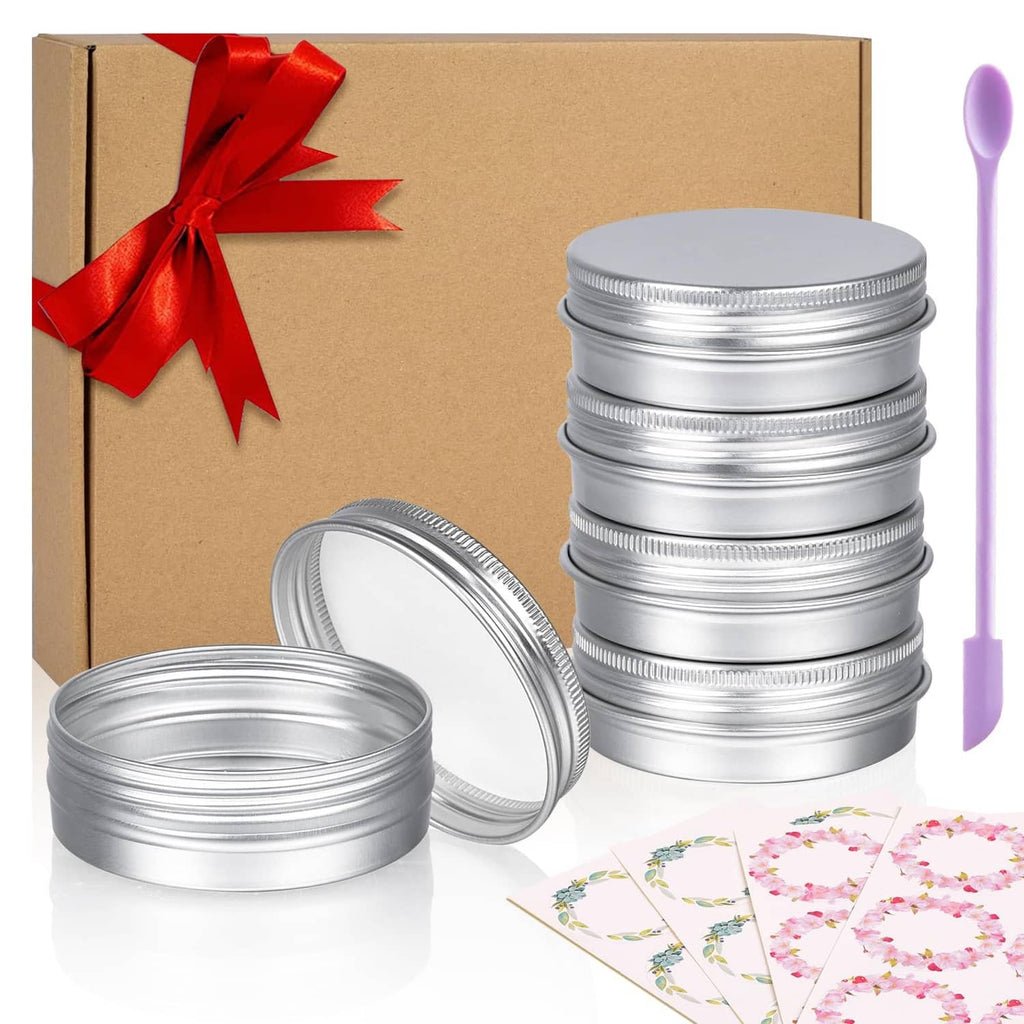 Silver round aluminum tin cans with screw lids, gift set with ribbon