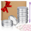 Silver round aluminum tin cans with screw lids, gift set with ribbon