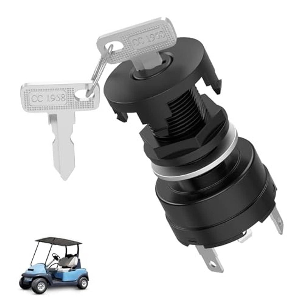 4-pin ignition key switch with two keys and mounting tabs, black switch body